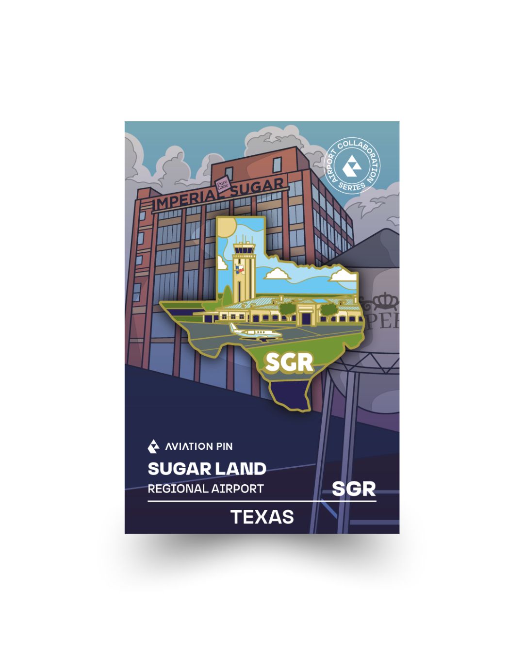 SGR airport pin for Sugar Land Regional Airport, on its illustrated backing card.